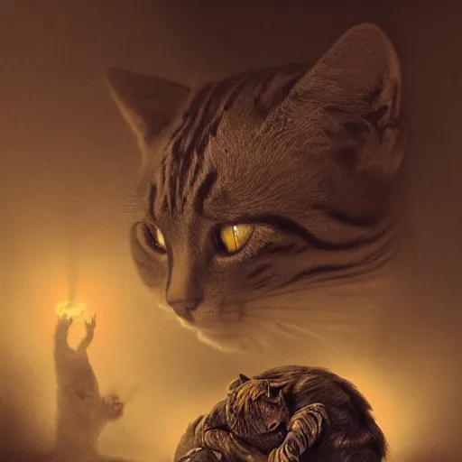 Prompt: cats creepy, nightmare, dream-like heavy atmosphere, surreal , neoclassic, baroque painting, beautiful detailed intricate insanely detailed octane render trending on Artstation, 8K artistic photography, photorealistic, volumetric cinematic light, chiaroscuro, Raphael, Caravaggio, Beksinski, Giger, Rembrandt