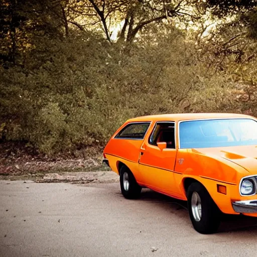 Image similar to 1 9 7 3 ford pinto stationwagon, orange - yellow color, wide - angle lens, dramatic lighting, cool marketing photo