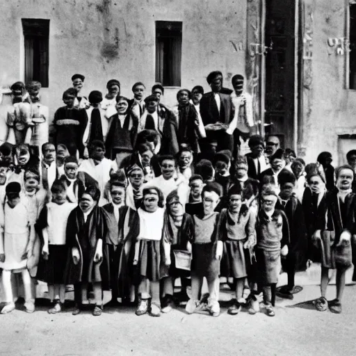 Image similar to black and white image of a group of scholars entering school genova