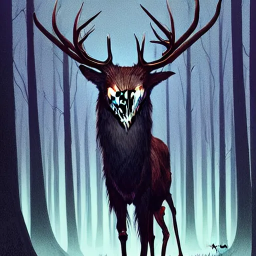 Image similar to rafeal albuquerque comic art, joshua middleton, artgerm : : wendigo monster with deer skull face, antlers, furry body, tall and lanky : : walking through the forest : : night time : : spooky, scary, fog