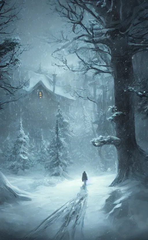 Image similar to a dark fantasy concept art of a snowy forest with a single cabin in the woods, with lights on in the cabin, dynamic lighting, cinematic, ultra detailed, trending on art station, stunning visuals, atmospherical, ambient lighting, realism, lonely vibe