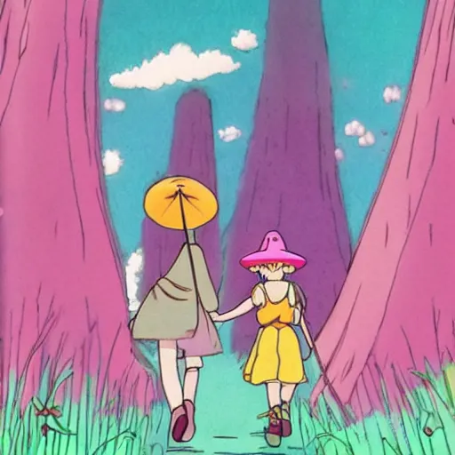 Image similar to a pink mage wearing a small satchel and a pink witch's hat walking through a lush psychedelic forest by studio ghibli