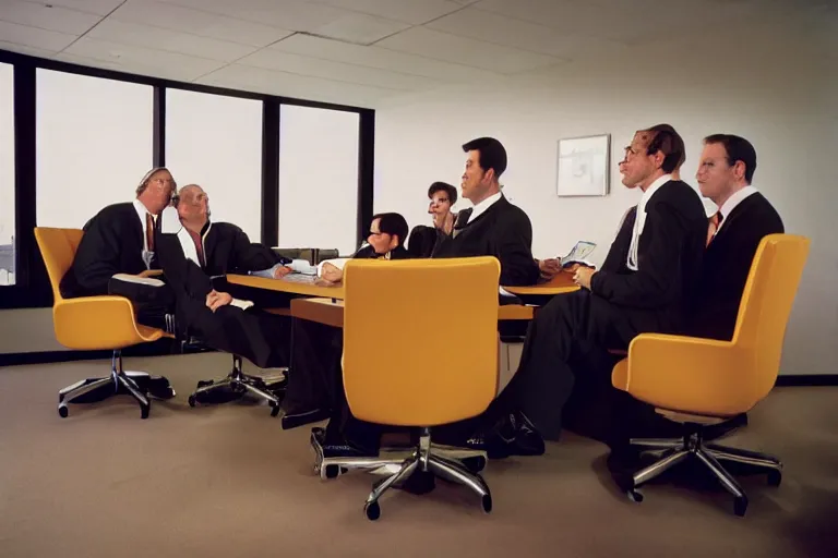 Prompt: Ronald McDonald sat at the desk of a corporate board meeting, surrounded by men in suits, award winning photograph, nikon, 24mm focal length, f/8, fuji velvia, business photography