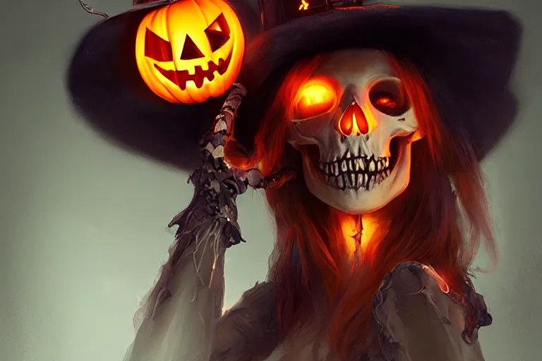 Prompt: portrait of a skeleton with a witch hat holding a jack - o - lantern, halloween night, charlie bowater, artgerm, ilya kuvshinov, krenz cushart, ruan jia, realism, ultra detailed, 8 k resolution