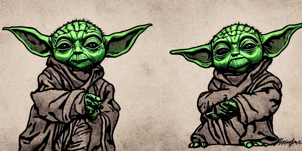 Prompt: Baby Yoda, Portrait, Very Cloudy Sky, Sun, Shadowy, Gothic, Low saturation colors, medieval woodcut, Cell Shaded, Bold lines, Outlines, Darkest Dungeon art style, Subject in Middle, Subject in center, Rule of Thirds, 4K, Chris Bourassa