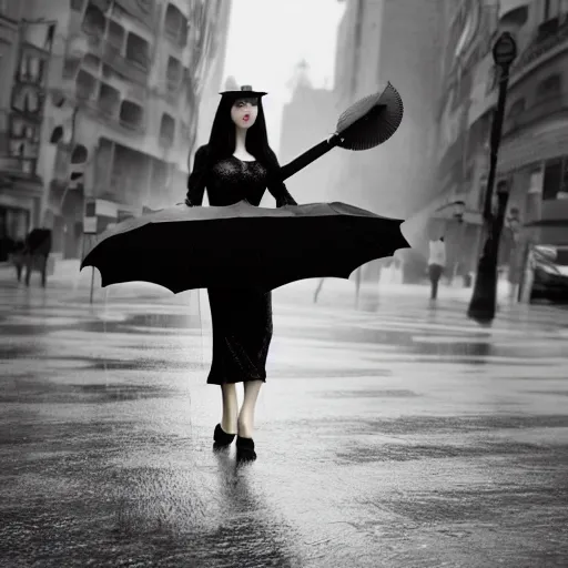 Image similar to morticia addams holding a parasol during a [ humid, rainy day ] as she saunters across the city, closeup!!!, trending on artstation, 4 k photorealism, unsplash, shot by jimmy nelson