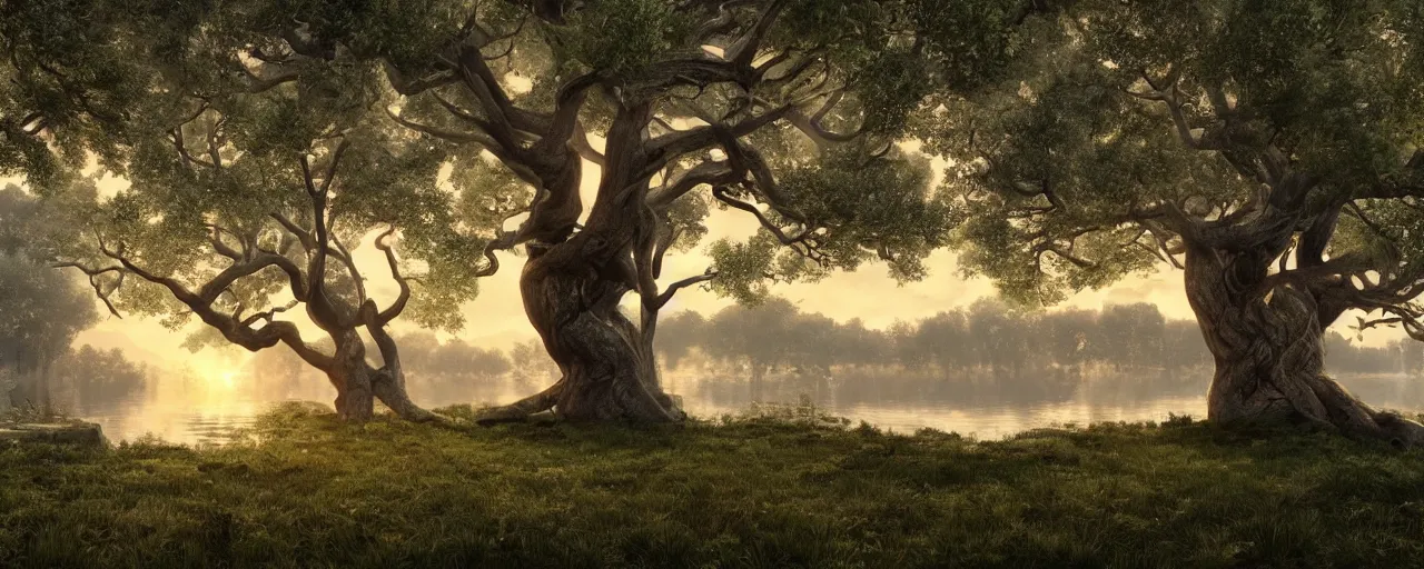 Prompt: spectacular ancient landscape of huge trees with curly branches, on the edge of the beautiful lake. morning time an amazingly beautiful scene. beautiful lighting, 4 k post - processing, trending in art station, cg society, highly detailed, 5 k extremely detailed, 3 d. cinematic scene.