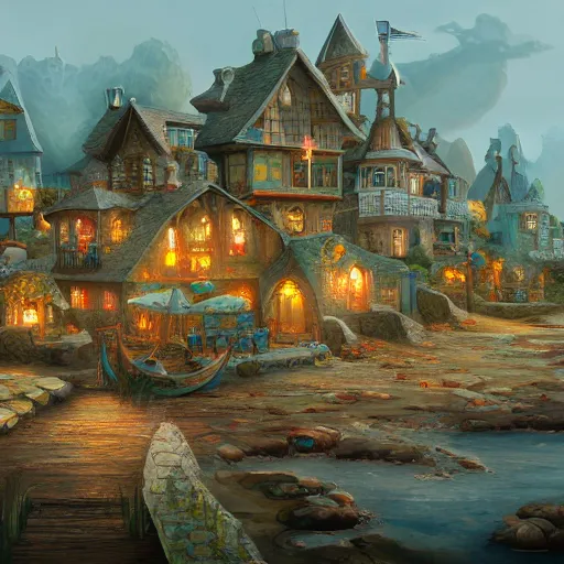 Image similar to a seaside village, detailed, fantasy style, trending on artstation