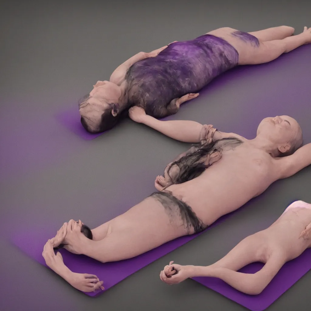 Prompt: cinestill of iridiscent oil with corpses connected by ethernet cables to wax technical forms to a buried baby relaxing on yoga mat, faded, iridiscent gradient, purple fog, depth of field, blur, very detailed, by nadav kander and hans bellmer, 8 k, ultrarealistic, sad atmosphere, cinematic, 8 5 mm lens