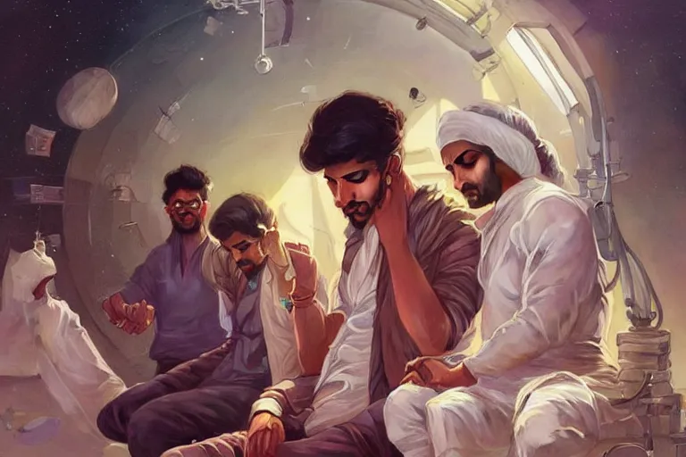 Image similar to Sensual good looking pale young Indian doctors wearing jeans partying in a space station above Earth performing surgery, portrait, elegant, intricate, digital painting, artstation, concept art, smooth, sharp focus, illustration, art by artgerm and greg rutkowski and alphonse mucha