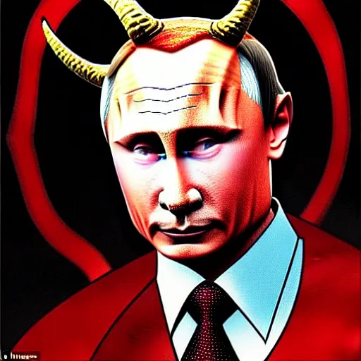 Prompt: portrait of vladimir putin in the image of the devil, with detailed goat horns, red skin and a frightened face his legs are like those of a goat