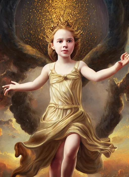 Image similar to a young girl holding the head of a monster, flying in the sky surrounded by angels, extremely realistic and highly detailed painting, soft light, gold ratio