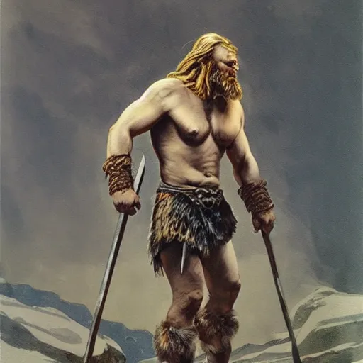 Prompt: full body realistic painting of viking barbarian, winter, mountains, steve huston style newell convers wyeth