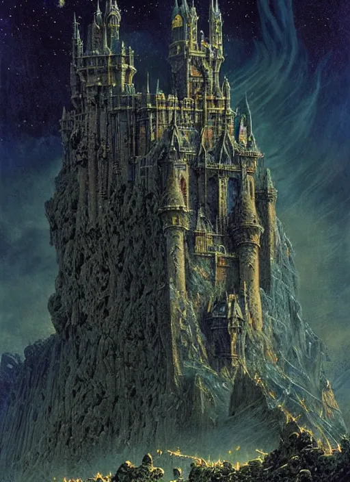 Image similar to giant gorgeous castle with a lot of small towers and spikes, deep night scene with a lot of fire and magical sky with two moons and a lot of stars. d & d, dark fantasy, gorgeous lighting, highly detailed, volumetric lights. by zdzisław beksinski and norman rockwell and greg rutkowski. weta studio, and lucasfilm