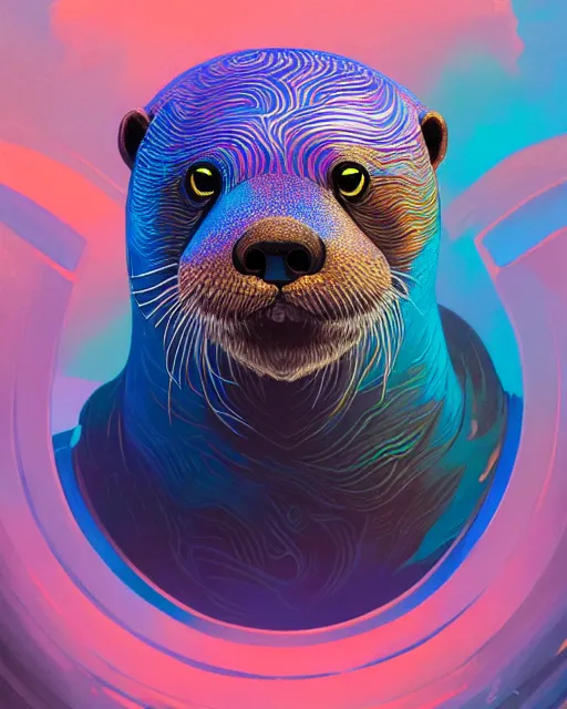 Image similar to highly detailed surreal vfx portrait of a metallic chromatic geometric tribal otter, behance, stephen bliss, unreal engine, greg rutkowski, loish, rhads, beeple, makoto shinkai and lois van baarle, ilya kuvshinov, rossdraws, tom bagshaw, alphonse mucha, global illumination, detailed and intricate environment