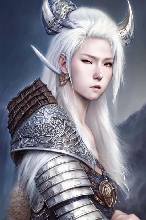 Image similar to A realistic anime portrait of a beautiful white haired female barbarian wearing an intricate viking armor, digital painting, by Stanley Artgerm Lau, Sakimichan, WLOP and Rossdraws, digital painting, painterly, Pixiv, Deviantart, golden ratio, rule of thirds, good composition, HD, 8k, award winning, promo art, splash art, rpg, jrpg, dungeons and dragons, DND, trending on ArtStation