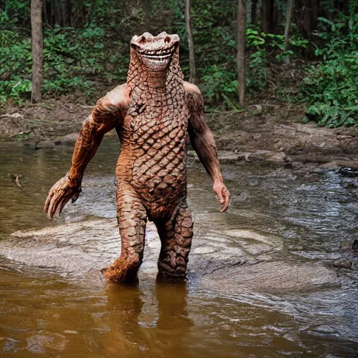 Image similar to human crocodile werecreature, photograph captured at woodland creek