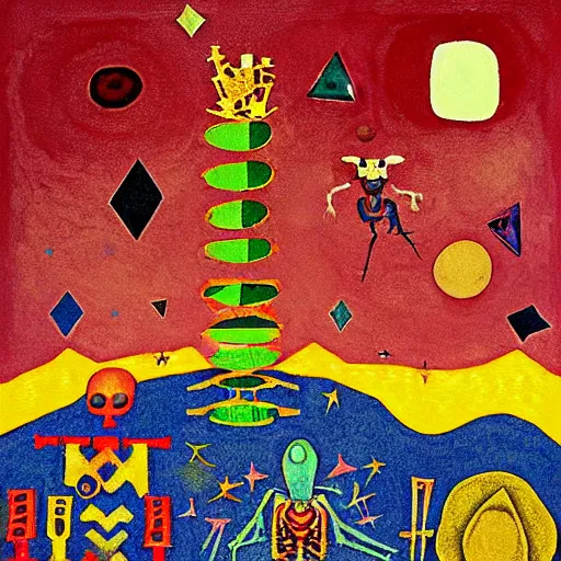 Image similar to pixel decollage painting tarot lovers card composition tower of babel road red armor maggot bear and wonky alien frog skeleton knight on a horse in a dark red cloudy night sky with golden foil jewish stars, occult symbols and diamonds, mountain lake and blossoming field in background, painted by Mark Rothko, Helen Frankenthaler, Danny Fox and Hilma af Klint, pixelated, neo expressionism, semi naive, pastel colors, cinematic, color field painting, cave painting, voxel, pop art look, outsider art, minimalistic. Bill Traylor painting, part by Philip Guston and Francis Bacon. art by Adrian Ghenie, very coherent symmetrical artwork, cinematic, hyper realism, high detail, octane render, unreal engine, Smooth gradients, depth of field, full body character drawing, extremely detailed, 8k, extreme detail, intricate detail, masterpiece