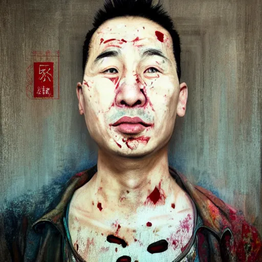 Image similar to photorealistic face portrait of chinese uyghur muslim prisoner, lots of spilled paint, wearing victorian rags, elite, disfigured, drooling, moist, unnatural movement, they are unhappy, bizzaro, baroque, renaissance, by emedios varo and anato finnstark and fenghua zhong, hyperrealism, 8 k, 3 d, masterpiece, texture