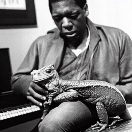 Image similar to john coltrane snuggling a big toad