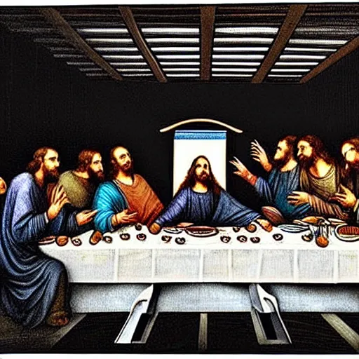 Image similar to “the last supper, but it’s in the backrooms with backroom monsters”