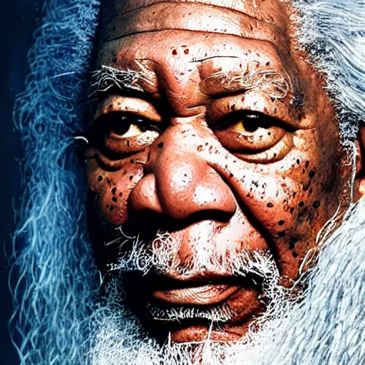 Image similar to Morgan Freeman as Gandalf the Grey, still from Lord of the Rings movie, detailed, 4k