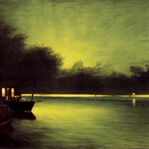 Image similar to gatsby on his dock at night, looking at the dim green light across the water, realism, detailed, atmospheric,