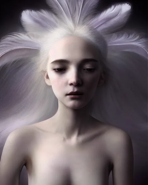 Prompt: delicate, dreamy, feminine, subsurface scattering, white, young beautiful goddess in cosmos long white hair floating in air, white feather dress, fluid smoke art, black and white, octane render, dino valls, mark ryden, joe fenton, michal karcz, highly detailed, rim light, art, cinematic lighting, very coherent, hyper realism, 8 k