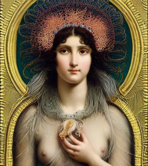 Image similar to portrait of a gorgeous sublime young goddess with intricate decorative jellyfish headdress and beautiful eyes, clear lines, detailed painting by john william godward and ernst haeckel and james jean