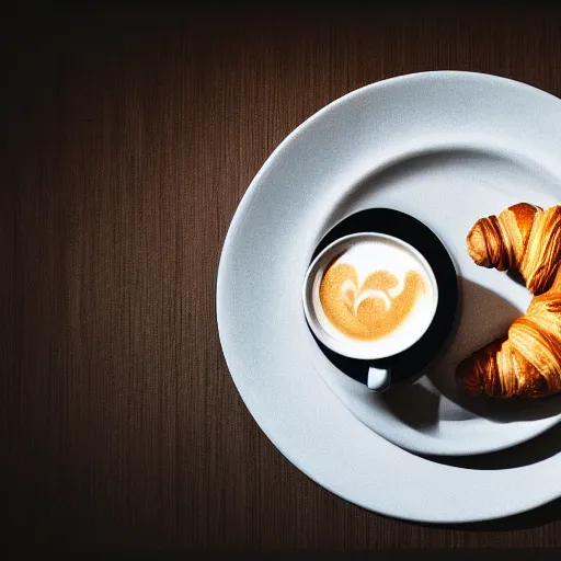 Image similar to photo in an empty hotel lobby, steaming cup of cappuccino on a low table, croissant on a plate, coffee spoon on a napkin, liminal, diffuse light, hdr, dslr