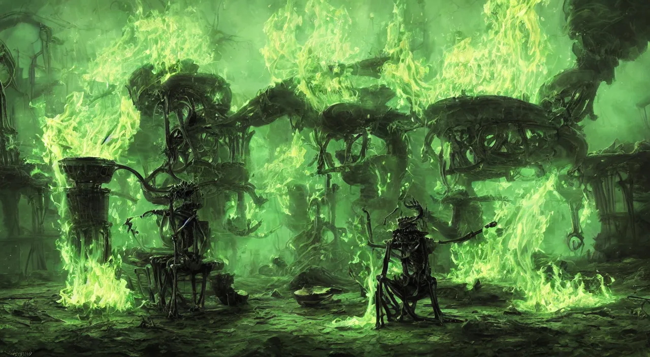 Image similar to A highly detailed oil painting by Greg Rutkowski of a skeleton wearing black robes making a potion in a huge bubbling cauldron glowing bright green, with lots of fire coming from it, highly detailed fantasy concept artwork, very realistic, green and black color scheme, graffiti.