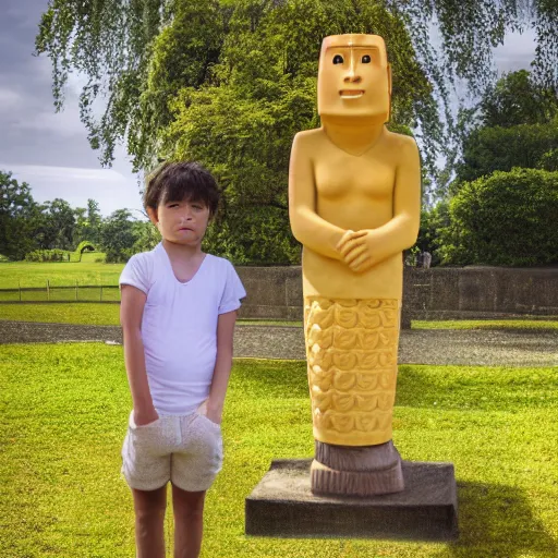 Prompt: a very disgusted and crying kid holding and looking an ice cream cone with a small moai statue in the cone, 4 k photograph