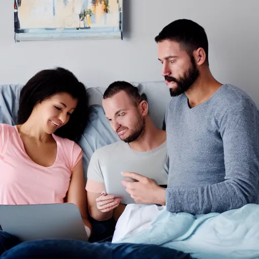 Image similar to man and woman in bed working on their laptops