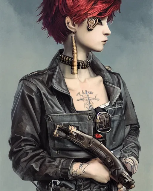 Prompt: a portrait of a beautiful androgynous punk girl with short hair and beautiful eyes, beautiful face, wearing tall combat boots, who is a mechanic wearing overalls carrying a bag, digital concept art, detailed digital painting, ornate decorative background, by j. c. leyendecker and edward blair leighton and charlie bowater, trending on artstation