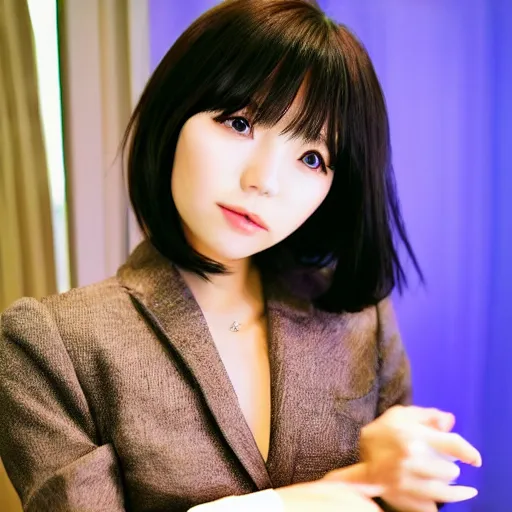 Image similar to a pretty young girl of 2 5, japanese, with big eyes, short shoulder - length hair and a suit ， by tiv