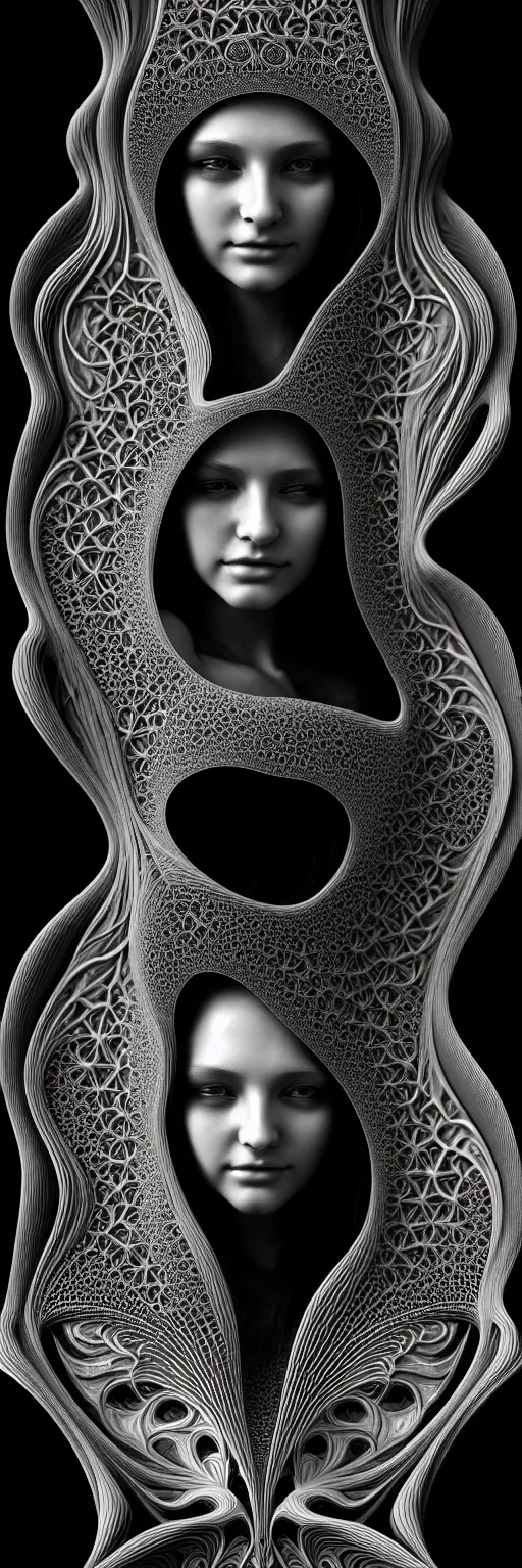 Image similar to portrait of a young beautiful woman with a partially covering mask. fractal, mandelbulb technique. black and white, black on black. intricate, elegant, super highly detailed, professional digital painting, smooth, extreme illustration, Photorealism, HD quality, 8k resolution, 3D, beautiful, cinematic, art. art deco, art nouveau.