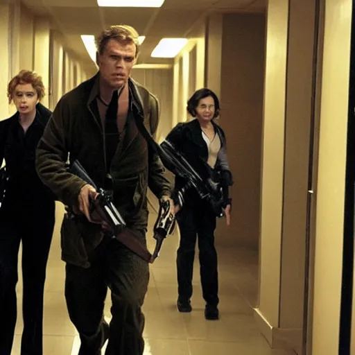 Image similar to an action scene of Scarlett Johansson chasing Charlton Heston through a high school hallway, guns blazing. Still from a John Woo film. Thrilling, engaging, exciting.