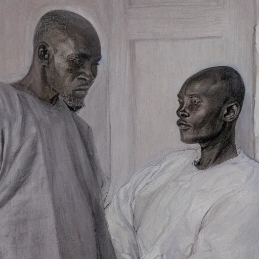 Prompt: a painting of a elegant well fed elder with few eyebrows and his son from Kenya by Henry Ossawa Tanner . thinker without facial hair, thoughtful, focused, visionary, calm, jovial, loving, fatherly, generous, . dramatic angle, ethereal lights, details, smooth, sharp focus, illustration, realistic, cinematic, artstation, award winning, rgb , unreal engine, octane render, cinematic light, macro, depth of field, blur, red light and clouds from the back, highly detailed epic cinematic concept art CG render made in Maya, Blender and Photoshop, octane render, excellent composition, dynamic dramatic cinematic lighting, aesthetic, very inspirational, arthouse.