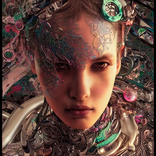 Image similar to the portrait of an absurdly beautiful, graceful, elegant, sophisticated, fashionable cyberpunk gravure idol, an ultrafine hyperdetailed illustration by kim jung gi, irakli nadar, intricate linework, bright colors, collage, porcelain skin, unreal engine 5 highly rendered, global illumination, radiant light, detailed and intricate environment