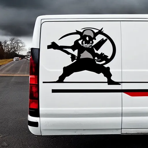 Prompt: a logo for a zombie hunter on the side of a van, modern, minimal,