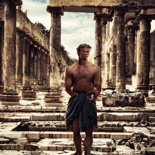 Prompt: portrait of Achilles, standing in ruins, fallen columns, highly detailed face, photo realistic, facial features, tom chambers photography