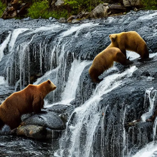 Image similar to hundreds of bears catching a salmon at the top of a small waterfall in alaska, national geographic photo, detailed 4 k