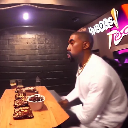 Image similar to blurry, gopro footage of kanye west eating at taco bell, cinematic, volumetric lighting, night, rain