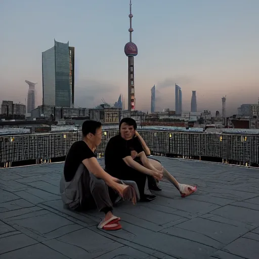 Image similar to a small rooftop with a couple of people sitting and watching the view, wearing black modern clothes, modern shanghai bund is on the background, sunset, by gregory crewdson