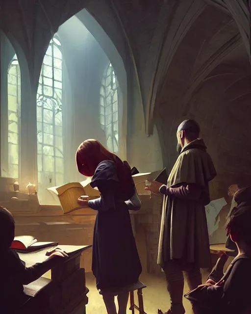 Image similar to middle ages lecture, old teacher speaks to young students | | realistic shaded, fine details, realistic shaded lighting poster by greg rutkowski, diego gisbert llorens, magali villeneuve, artgerm, jeremy lipkin and rob rey