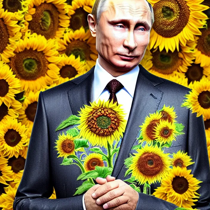 Prompt: photo portrait of Vladimir Putin - sunflowers - dressed in leisure shirt with ornamental ethereal sunflower pattern, natural skin tone, highly detailed realistic flowers ornament on the shirt, war in the background, hair, eyebrows and wrinkles are intricate with highly detailed realistic flowers, elegant, Realistic, Refined, Highly Detailed, natural soft pastel lighting colors scheme, fine art photography by Cecil Beaton, volumetric lighting, hyper realistic photography