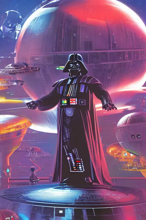 Prompt: the most amazing dream of darth vader dj standing on a giant science fiction turntable at a rave on the deathstar, syd mead, catholic orthodox symbology, dan mumford, moebius, hd, vibrant color, high contrast, digital illustration, marvel comicbook cover