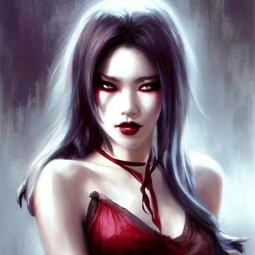 Image similar to beautiful asian vampire woman, paint by Raymond Swanland