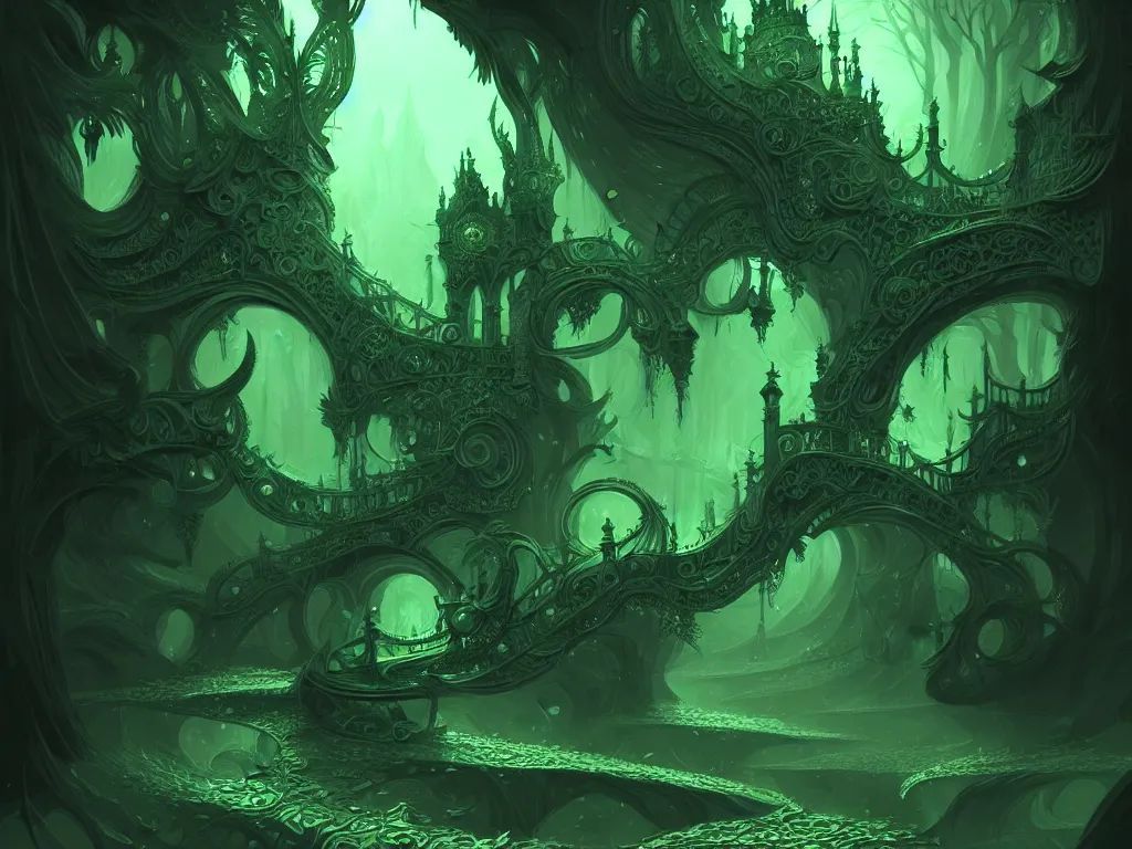 Image similar to colourless green ideas sleep furiously, intricate, elegant, fantasy, highly detailed, digital painting, concept art, sharp focus, illustration, beautiful lighting, epic light, artstation, colorful, dramatic