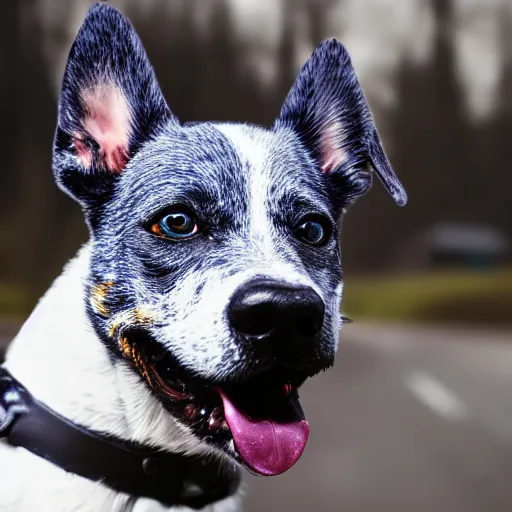 Image similar to blue heeler dog on a motorcycle, 8 k photography, blurred background of a wafflehouse